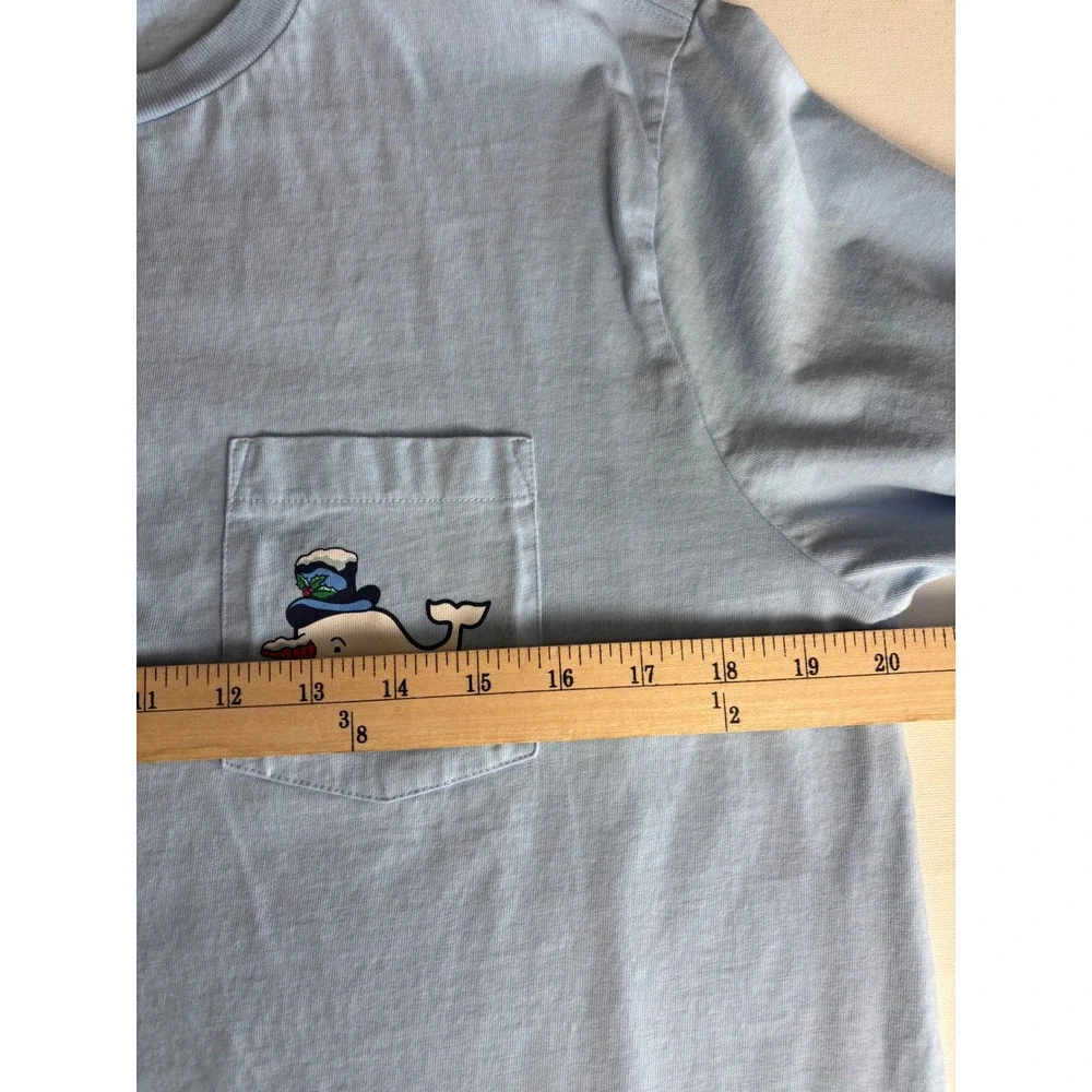 Vineyard Vines Mens Snowman Whale‎ Long Sleeve Pocket T-Shirt Blue M Holiday